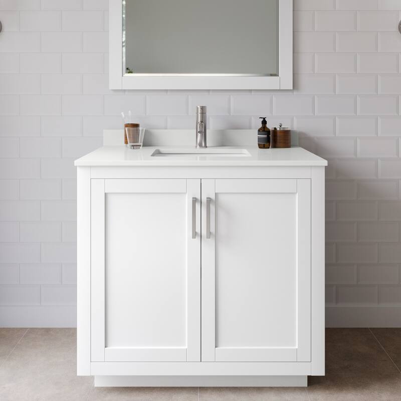 Wyndham Collection WCF292936S-QTZ-UNSMXX Miranda 36" Free Standing - White / White Quartz Top / Brushed Nickel Hardware
