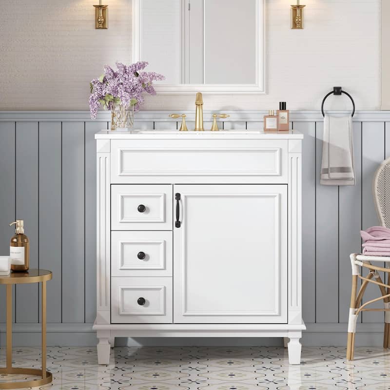 30" Bathroom Vanity with Ceramic Sink - Compact Bathroom Sink Cabinet - White