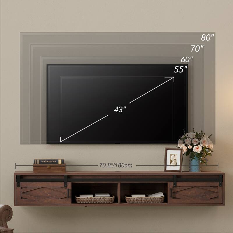 Sliding Barn Door Floating TV Stand with Charging Station