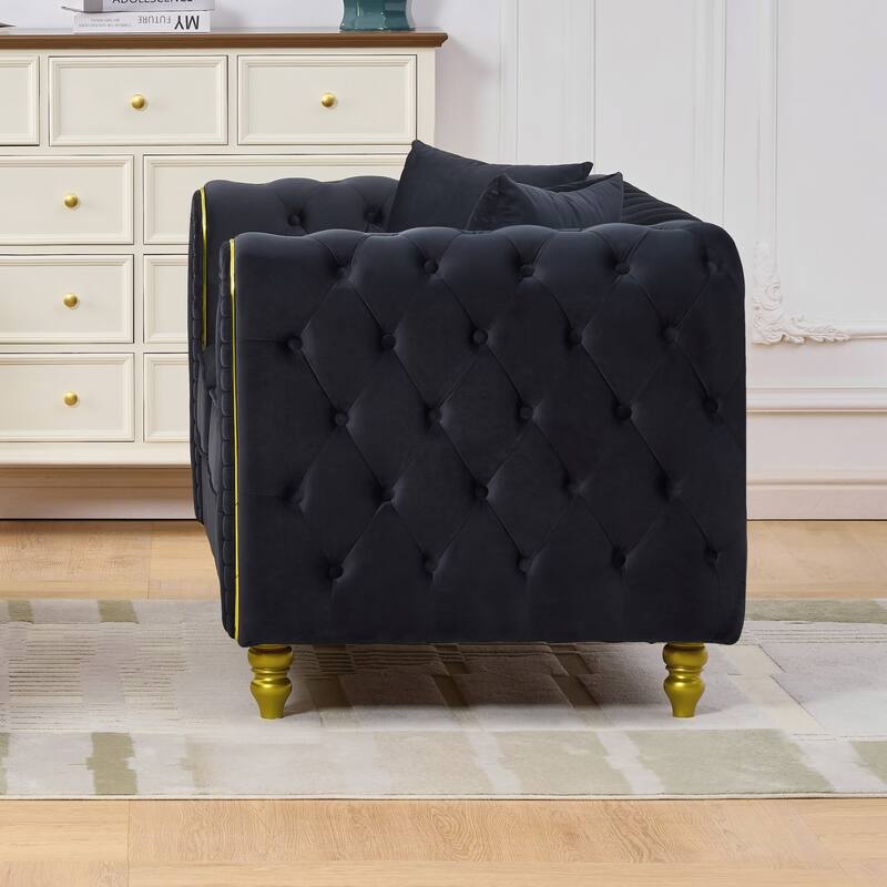 Roomfitters 63" Modern Upholstered Chesterfield Loveseat with Gold Trim, Button Back 2-Seater Couch for Small Spaces