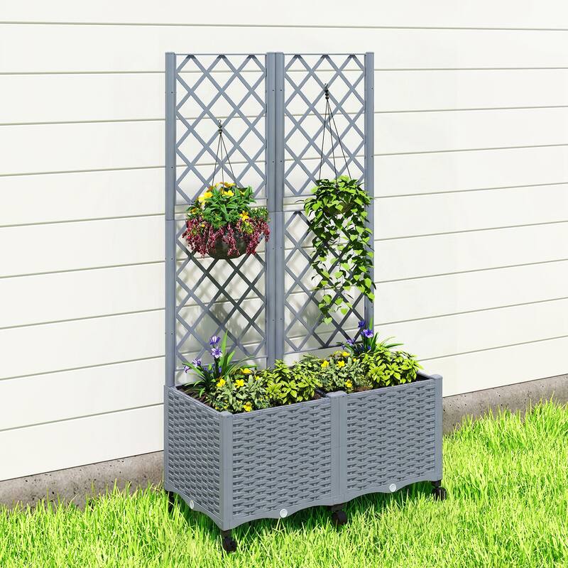 Outsunny Planter Box with Trellis, Self Watering Raised Garden Bed with Lockable Wheels, 56.3" Trellis Privacy Planter