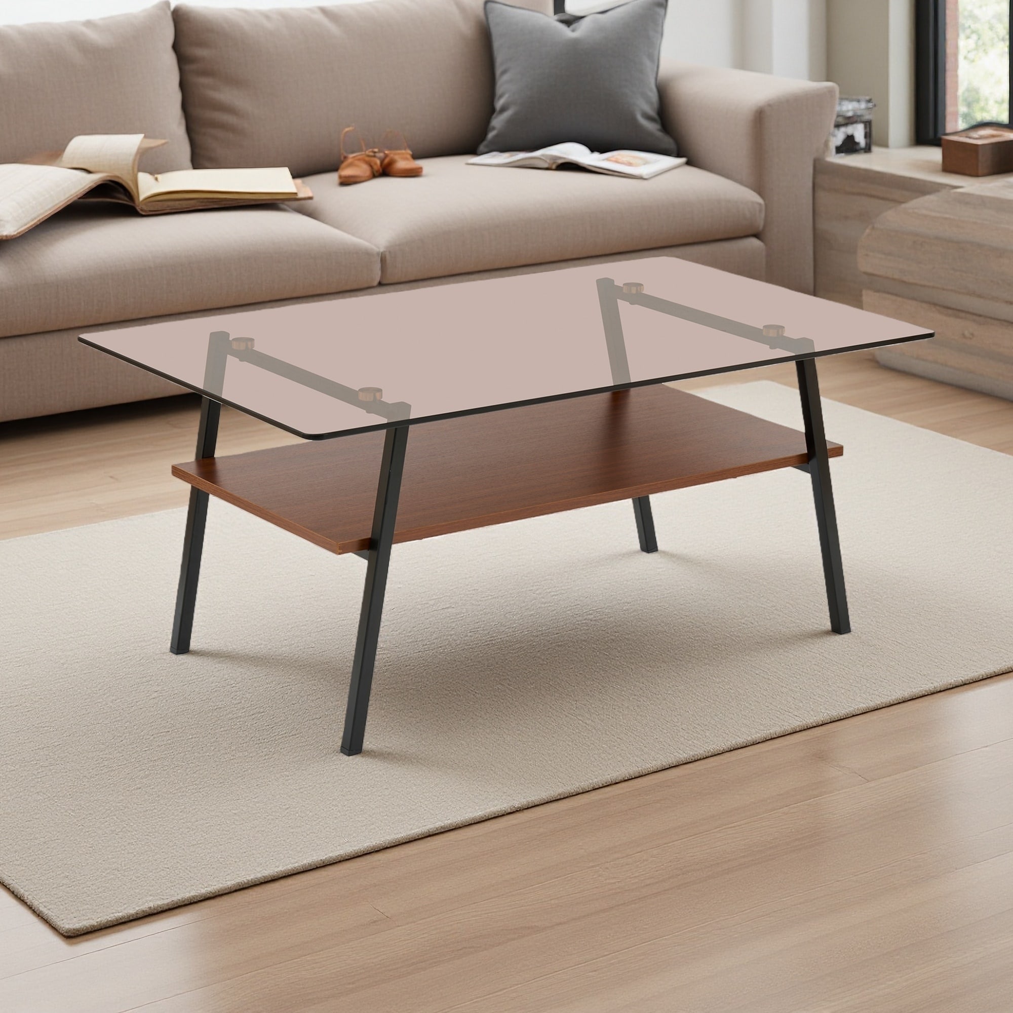 35.4" Glass Oval Coffee Table with Oak Legs