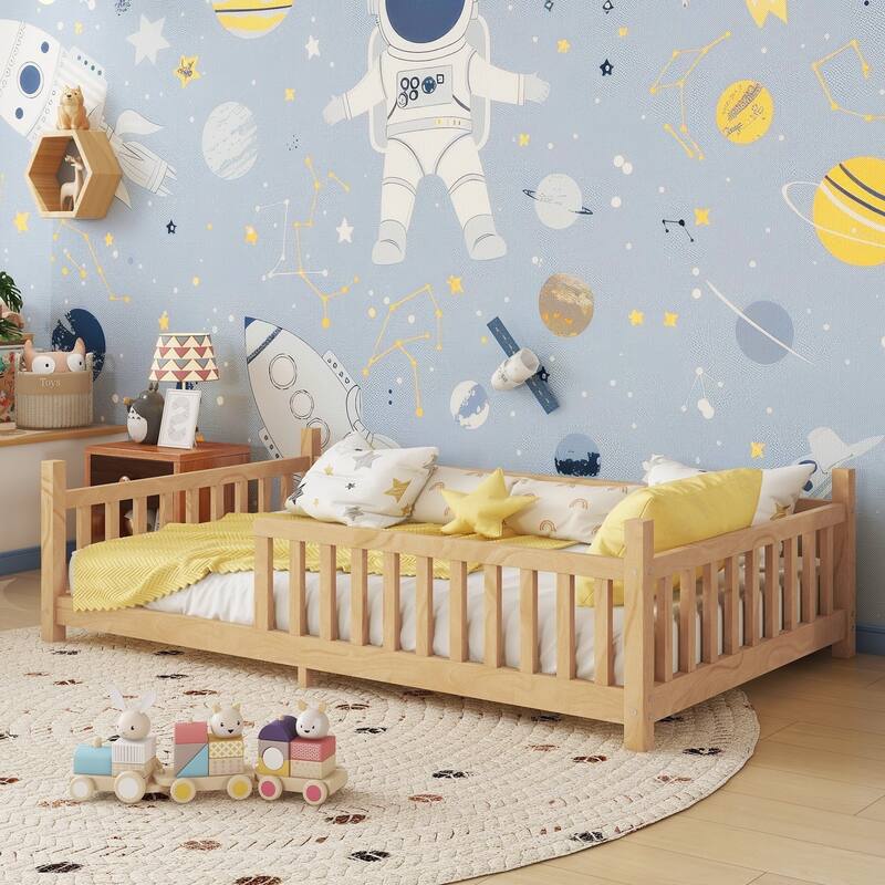 Twin House Bed with Light, Low Floor Design, Fence and Roof for Kids, Natural Finish