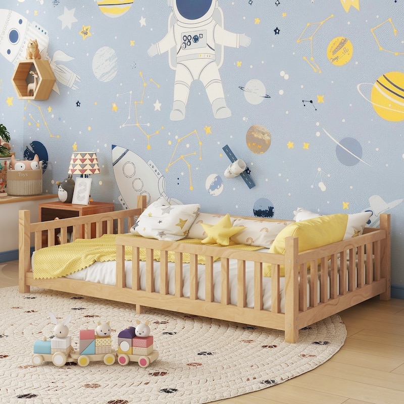 Twin House Bed with Light, Low Floor House Bed with Fence and Roof for Kids Boys Girls