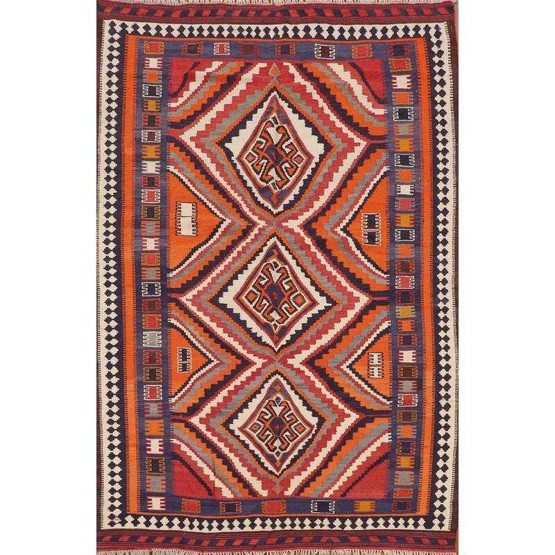 Orange Kilim Qashqai Persian Vintage Rug Hand-Woven Wool Carpet - 5'3"x 7'8"