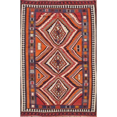 Orange Kilim Qashqai Persian Vintage Rug Hand-Woven Wool Carpet - 5'3"x 7'8"