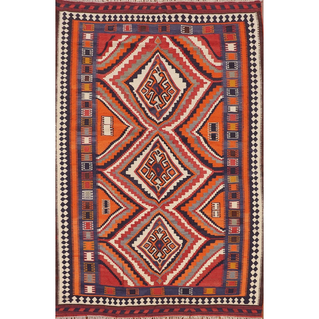 Orange Kilim Qashqai Persian Vintage Rug Hand-Woven Wool Carpet - 5'3"x 7'8"