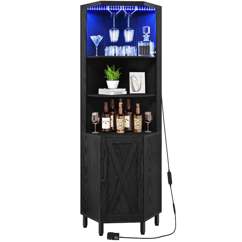 5 Tiers Corner Bar Cabinet Wine Rack Display Shelves with LED Lights and Glass Holder - Black
