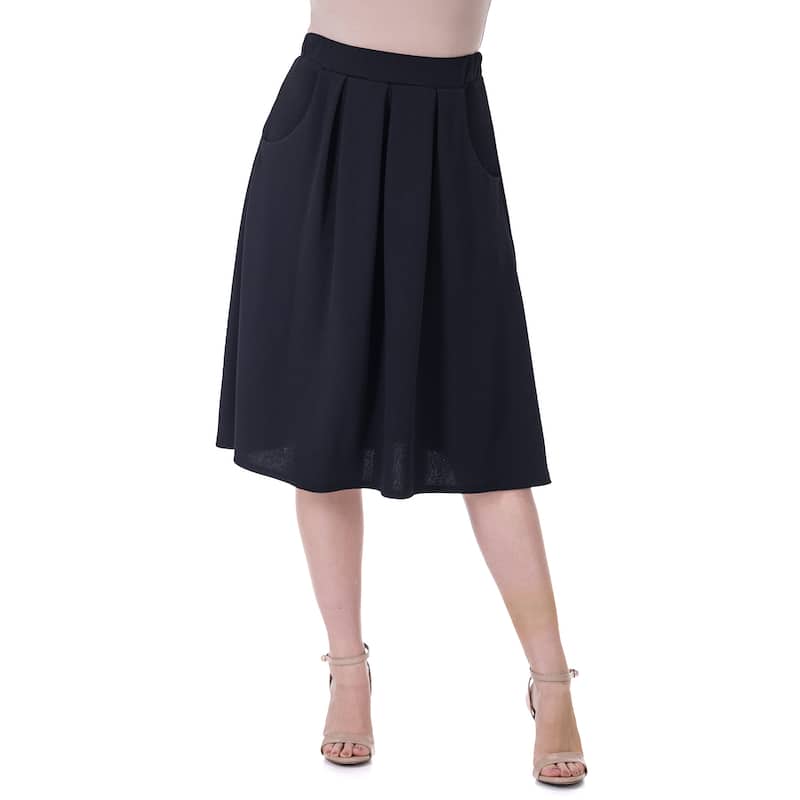 24seven Comfort Apparel Elastic Waist Pleated Knee Length Pocket Skirt - Black - XL