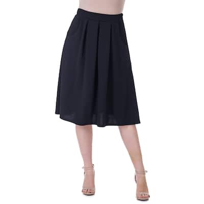 24seven Comfort Apparel Elastic Waist Pleated Knee Length Pocket Skirt
