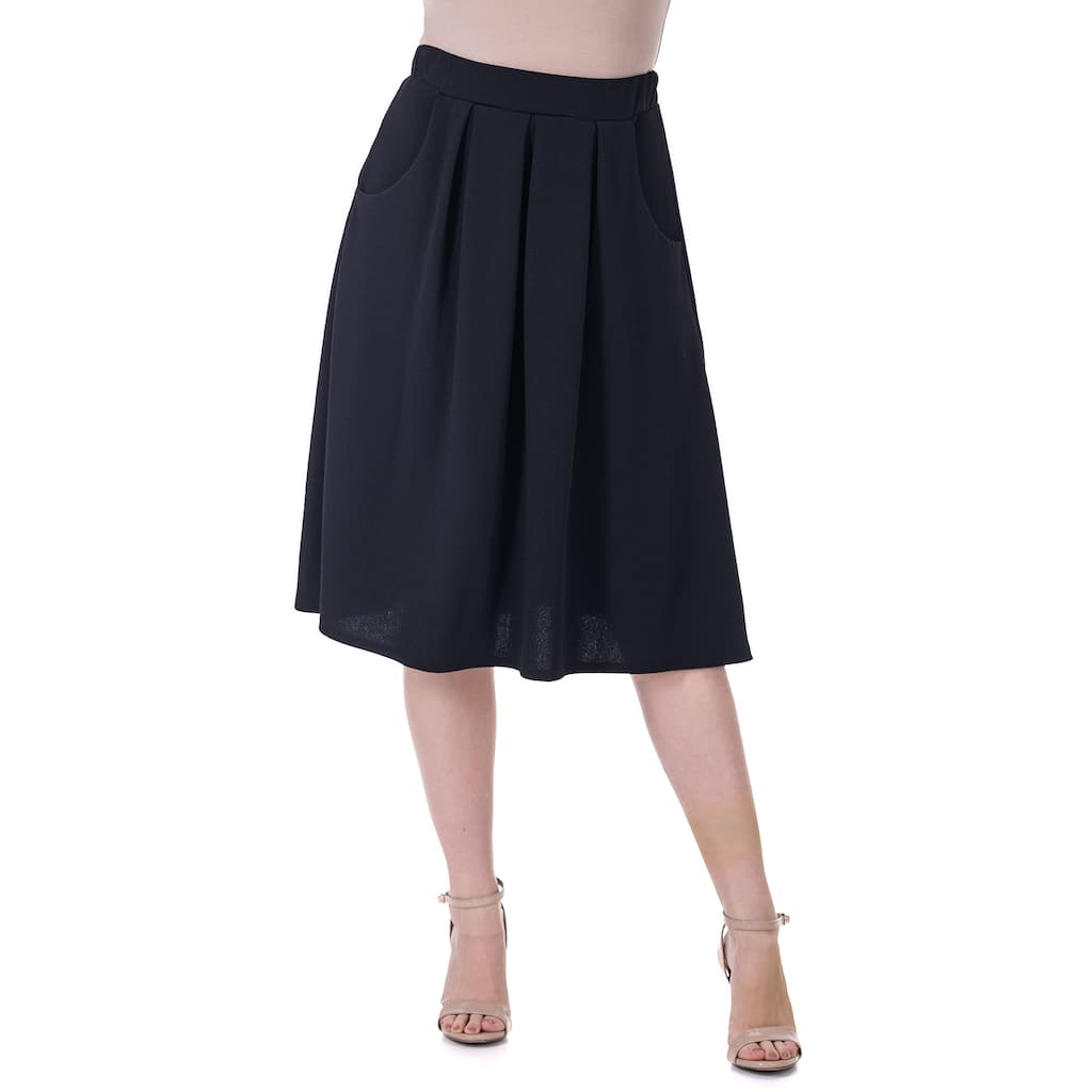 24seven Comfort Apparel Elastic Waist Pleated Knee Length Pocket Skirt