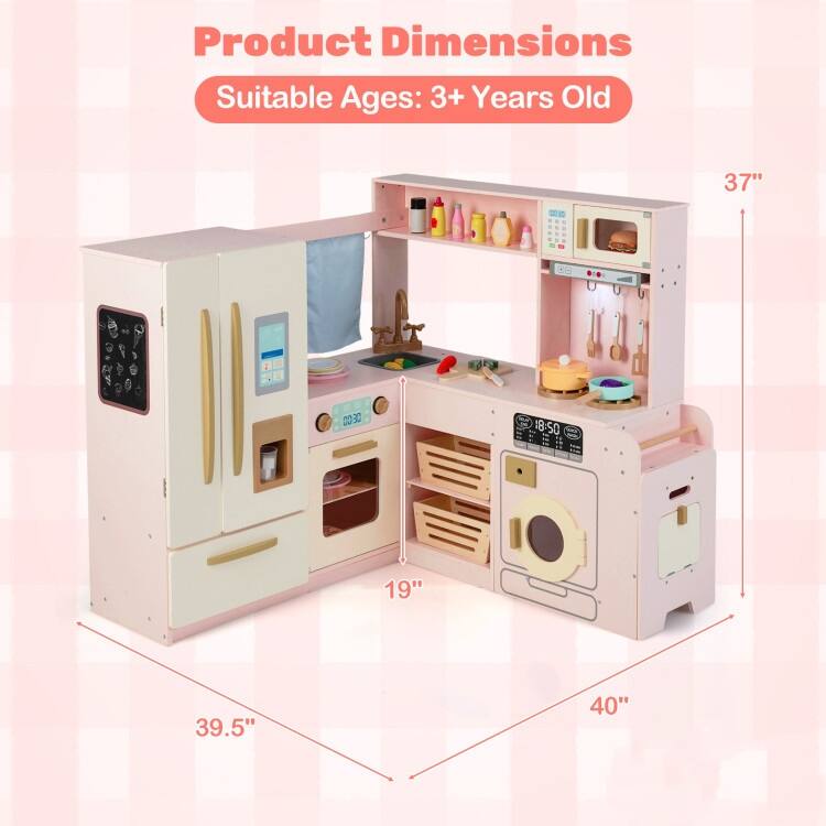 MDF Kids Corner Play Kitchen with Lights, Sounds and Accessories - 40" × 39.5" × 37"