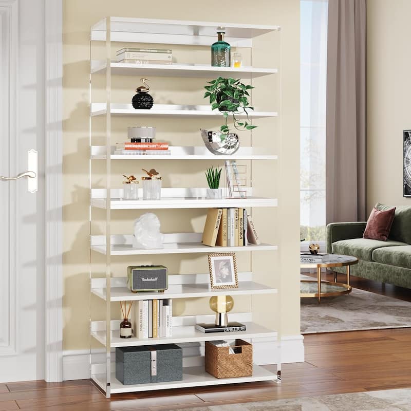 63" 8-Tier Acrylic Bookshelf, Modern Bookcase with Wood Shelves, Display Storage Rack for Living Room, Bedroom & Home Office