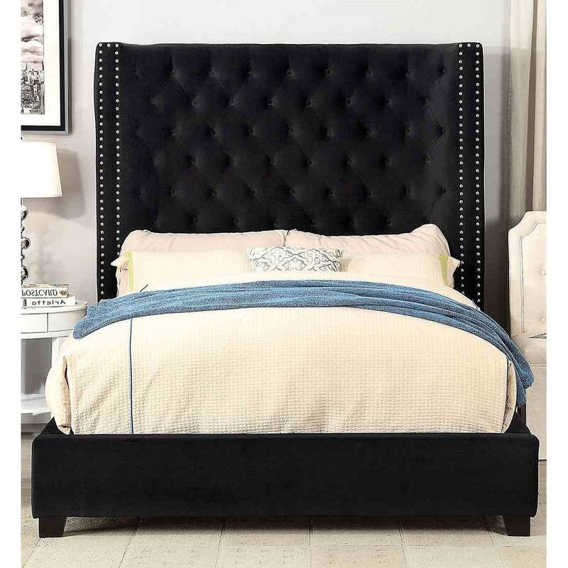 Black Finish 1pc Wingback Button Tufted Royal Bed