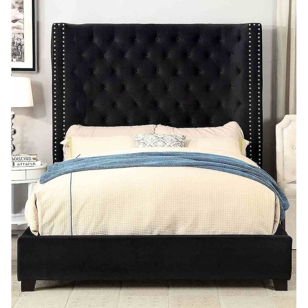 Black Finish 1pc Wingback Button Tufted Royal Bed