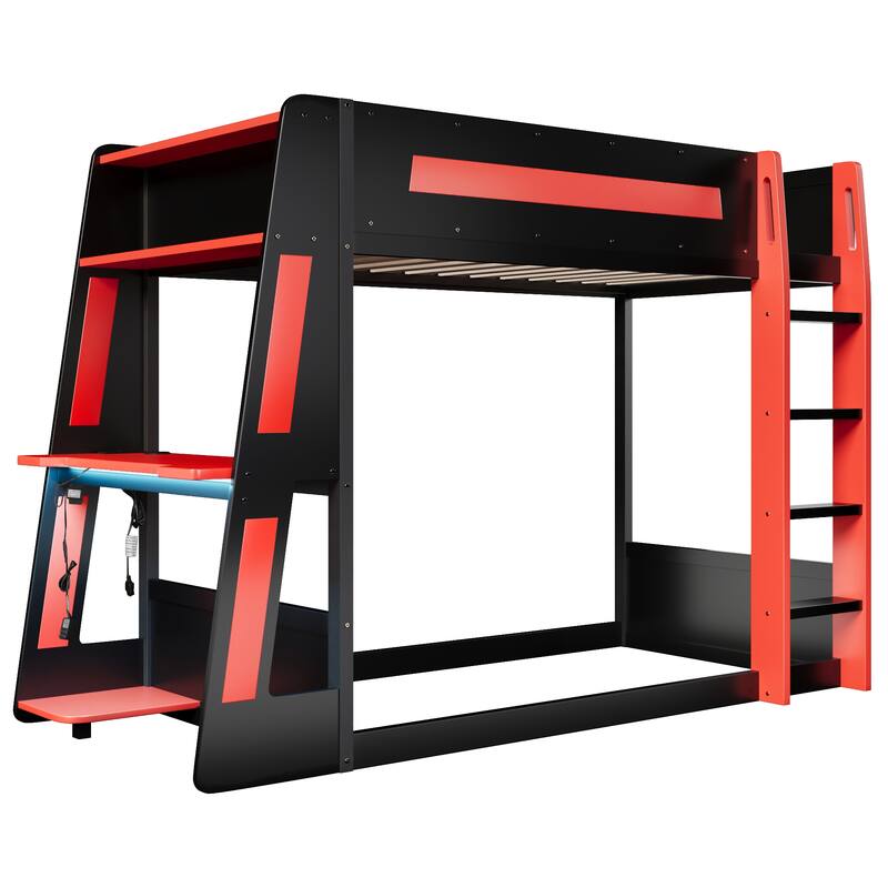 Gaming Bunk Bed with Computer Desk, Storage Shelves, USB Port and LED Strip Lighting, Esports Design, Wooden Gaming Bed