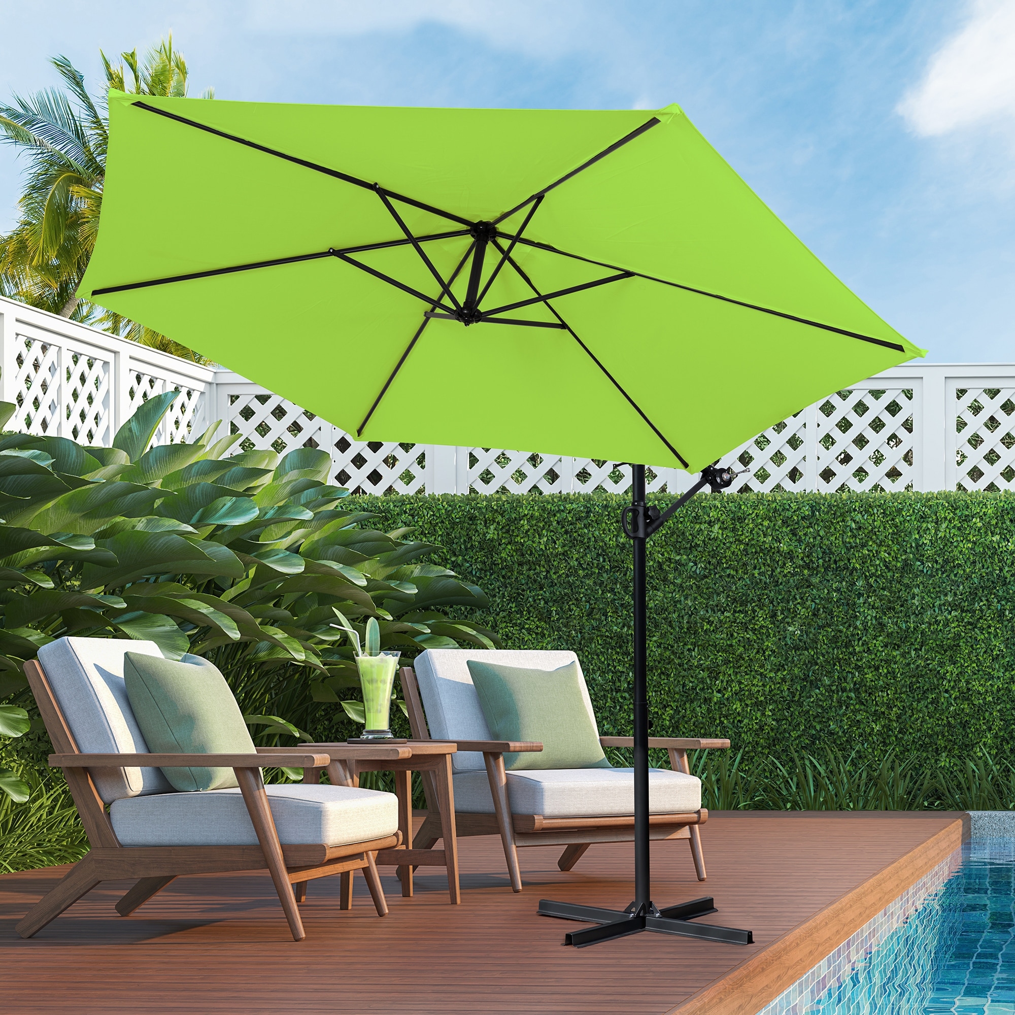 cantilever patio umbrella with lights and base Sonkuki 11 ft. Solar LED Round Aluminum Cantilever Outdoor Patio Umbrellas with Base Stand in Kelly Green