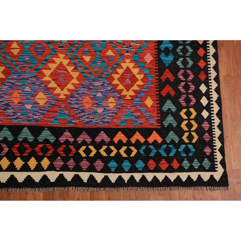 Reversible Kilim Oriental Area Rug Hand-Woven Orange Wool Carpet - 9'8"x 13'0"