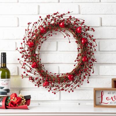Glitzhome 18"H Valentine's Berry Heart Wreath Hanging Decor