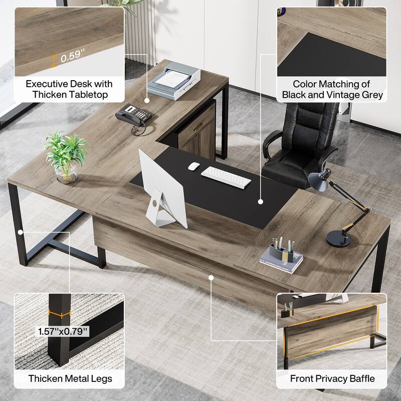 70.8'' Executive Desk with 55" File Cabinet, Large L-Shaped Office Computer Desk