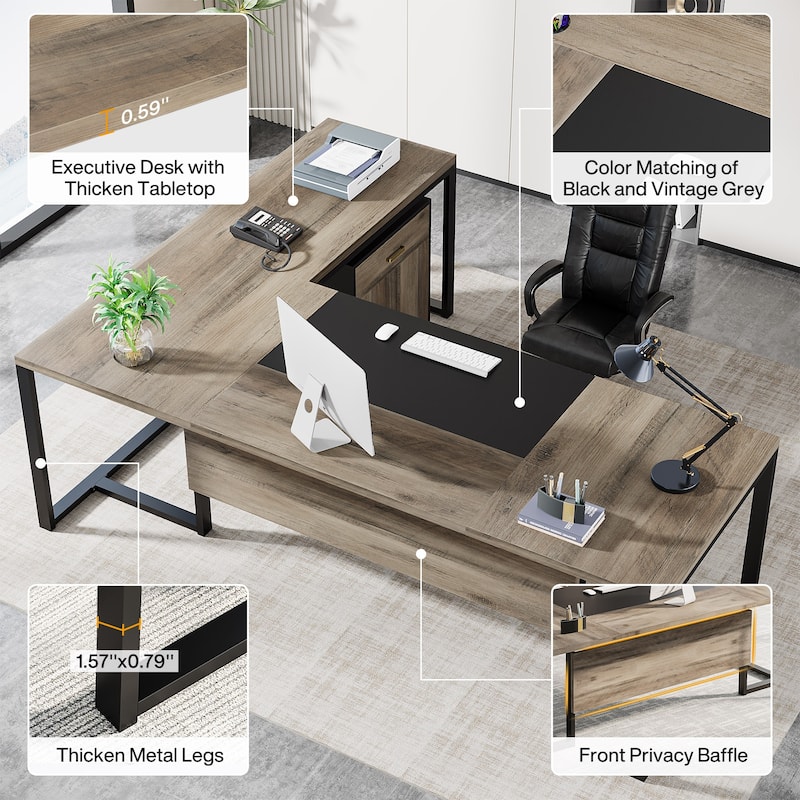 70.8'' Executive Desk with File Cabinet, Large L-Shaped Desk