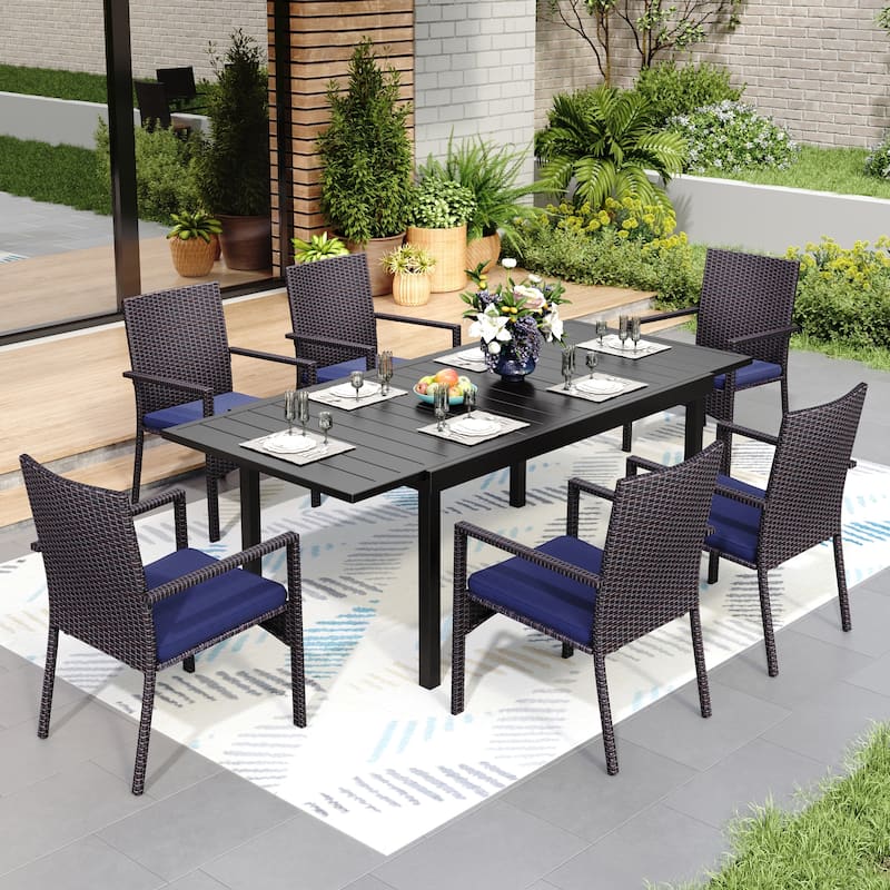 7/9 Patio Dining Set, Expendable Rectangular Outdoor Dining Table with Rattan Chairs - 7-Piece Metal Armrest Chair Set (Navy)