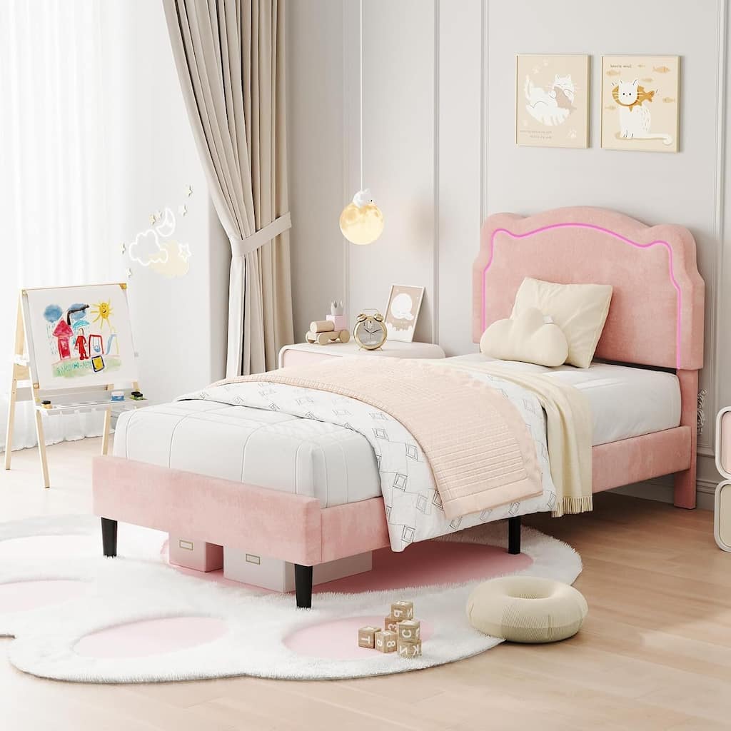 Twin Size Upholstered LED Velvet Platform Bed Frame with Bear-Shaped Headboard