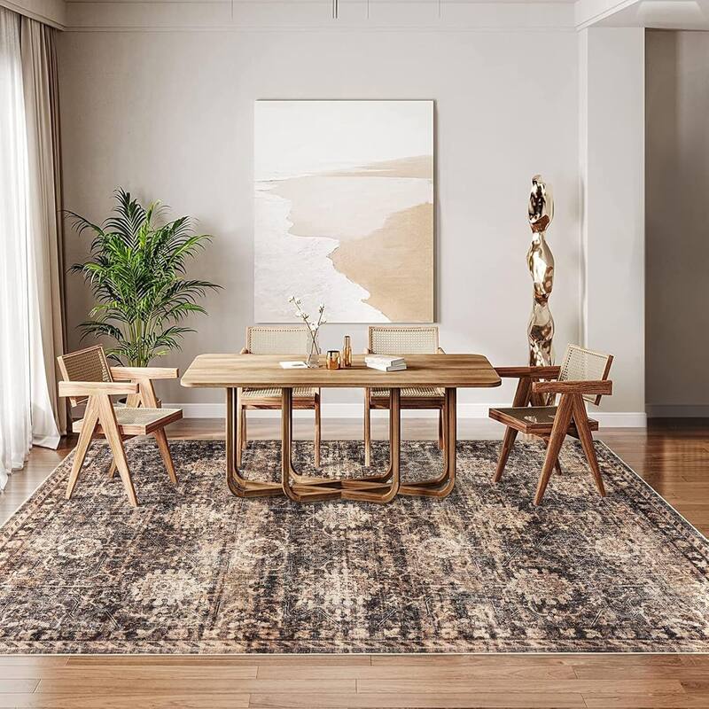 Vintage Boho Washbale Floor Cover Area Rug for Bedroom, Living Room, Brown - 1'6" x 2'6" - Brown 9' x 12'