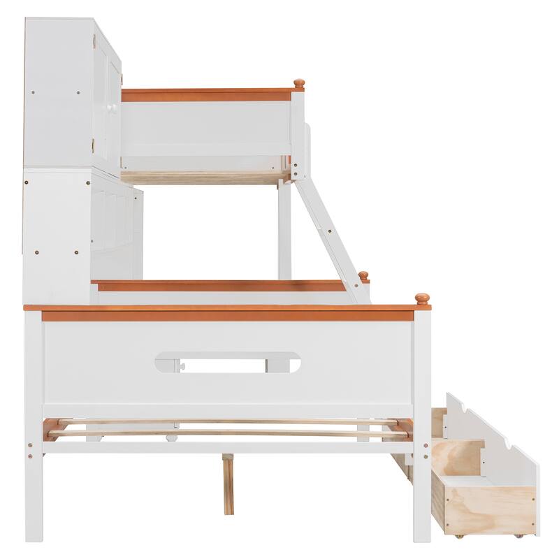 Roomfitters Twin Over Full Bunk Bed with Integrated Desk, Cabinet, & LED Lighting, Modern Storage Sleeper System, White & Orange