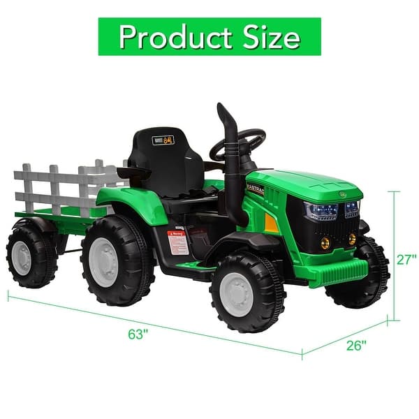 dimension image slide 2 of 3, Electric Kids Ride On Tractor with Trailer, 12V Battery Powered Vehicle Toy