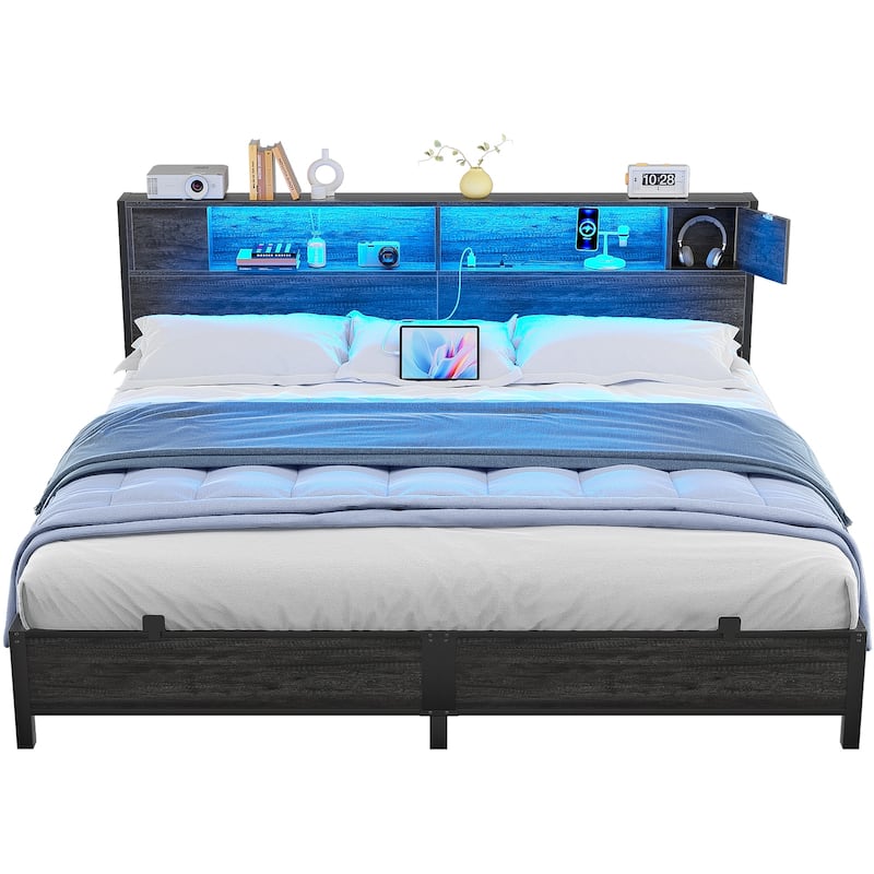 Storage Headboard Platform Bed Frame with Charge Station and LED Light
