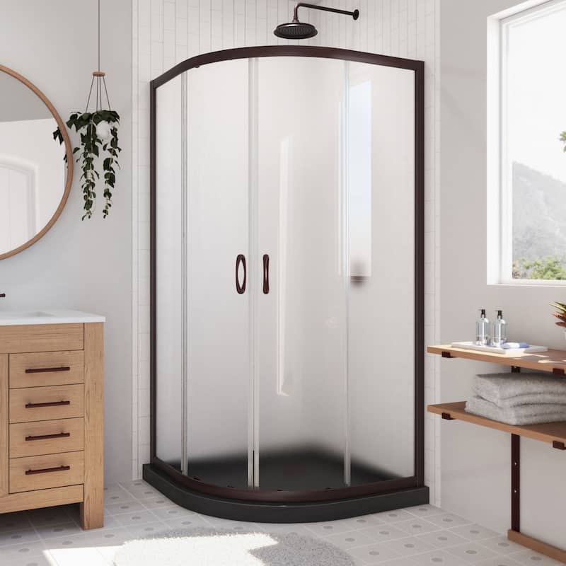 DreamLine Prime 36 in. x 36 in. x 74 3/4 in. Sliding Shower Enclosure and Shower Base Kit - 36" x 36" - 36" x 36" - Oil Bronze; Black; Frosted Glass
