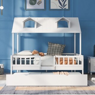 Full Size House Bed with Trundle, Wood Kids Full Bed with Roof and Guardrails, Playhouse Beds Frame Full for Kids