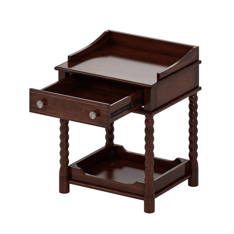 Wooden Nightstand with Drawer and Open Shelf, Accent Nightstand with Turned Legs, Sofa Side Table with Metal Handle