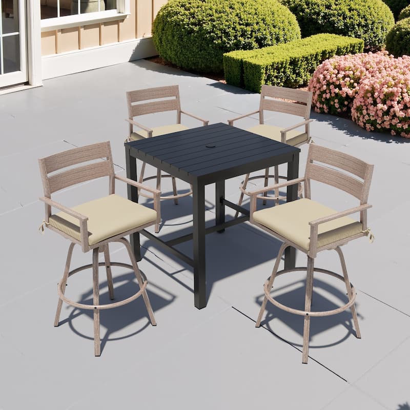 3/5-Piece Patio Aluminum Swivel Bar Stools with Sunbrella Cushion and Table Set - Canvas Antique Beige - Set of 5