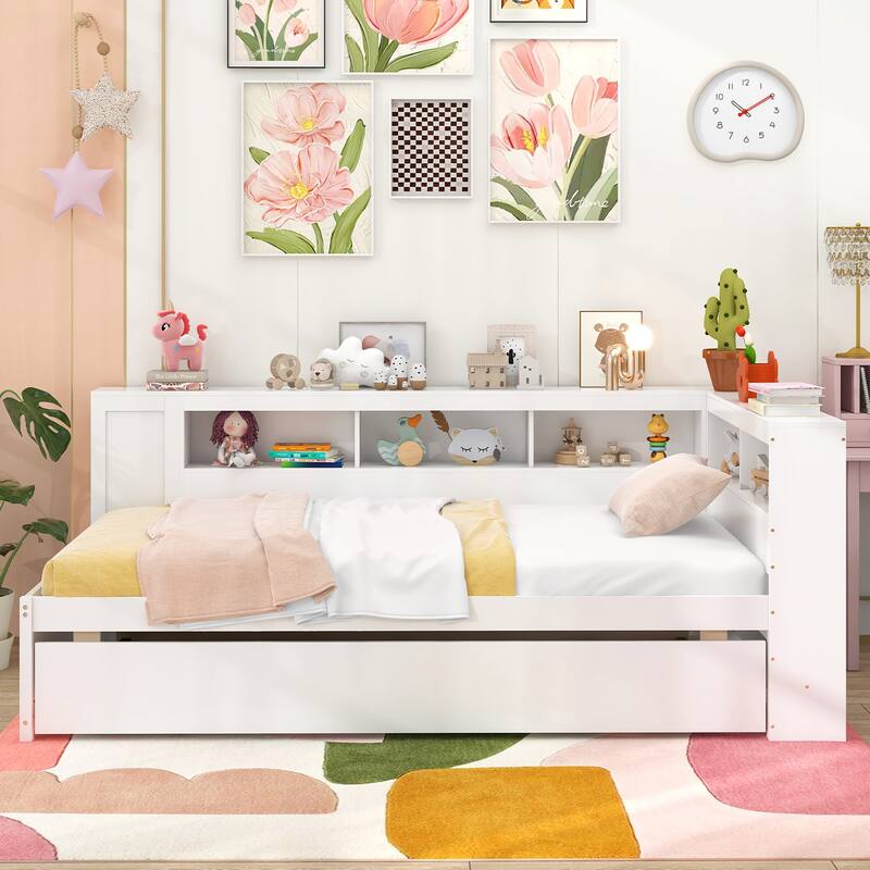 Gymax Twin Size Daybed w/ Trundle Bedside Shelves Reversible Bookcase