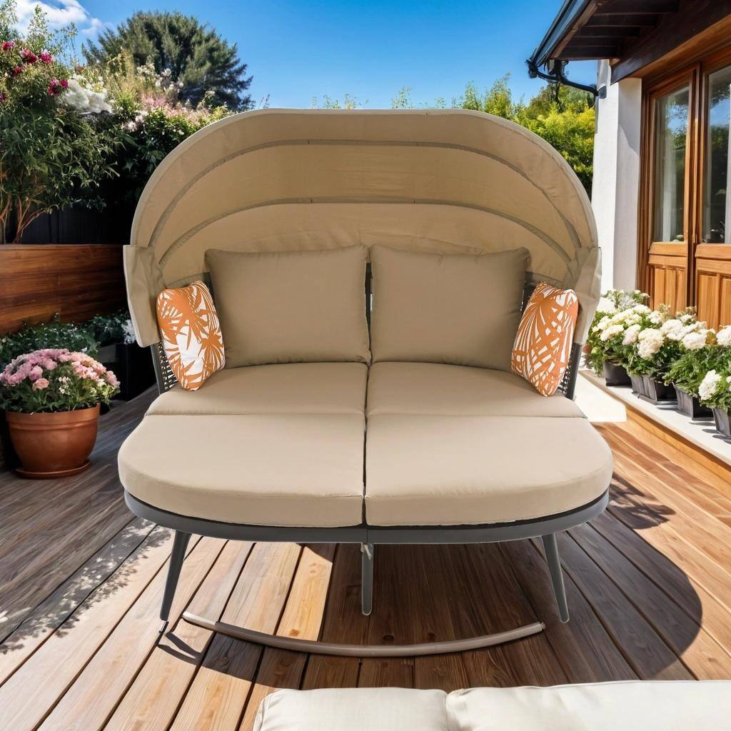 75.8" L Patio Daybed with Canopy, Throw Pillows and Cushions, Beige