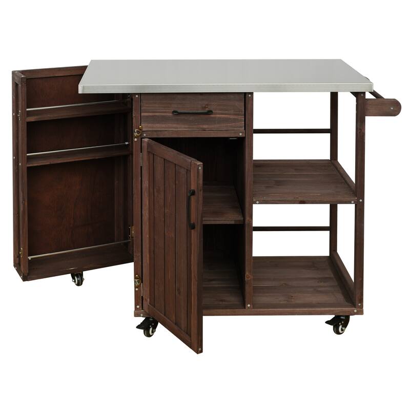 Outdoor Fir Wood Kitchen Island Prep Station with Stainless Top, Ample Storage Space, Towel and Spice Racks