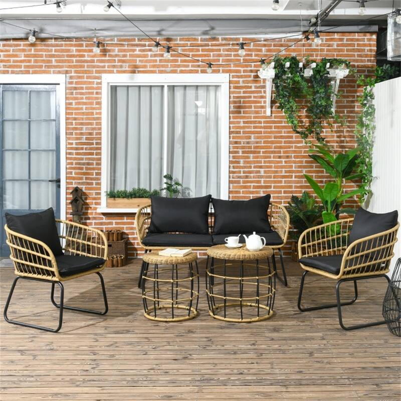 5-Piece Outdoor Patio Conversation Set with PE Rattan, Cushions & Dual Coffee Tables