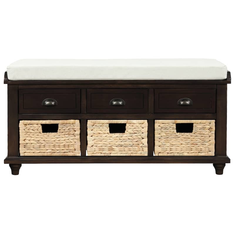 Rustic Linen Upholstered Storage Bench with 3 Drawers & Rattan Baskets - Ideal for Cozy Spaces