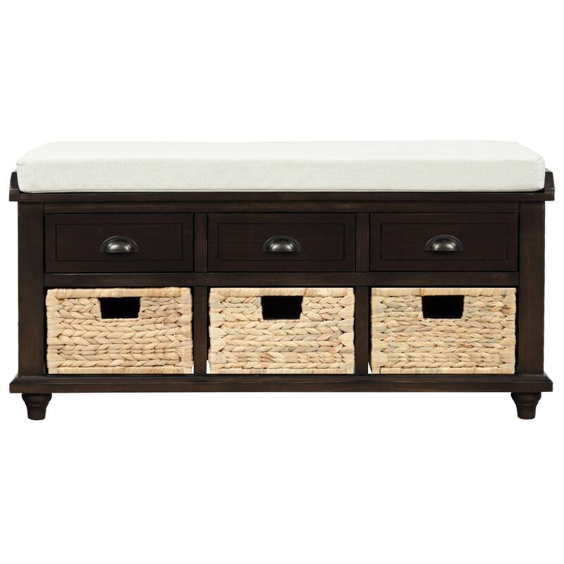 Storage Bench with Drawers and Rattan Baskets Entryway Shoe Bench