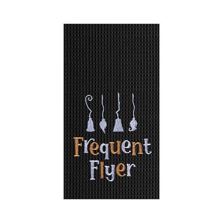 Frequent Flyer Witch Broom Halloween Embroidered Cotton Waffle Weave Kitchen Towel