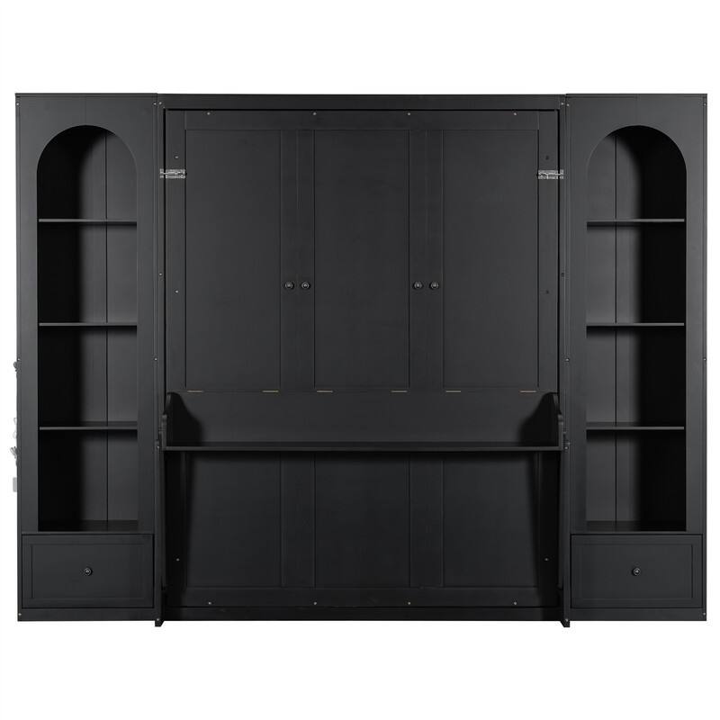 Queen Size Murphy Platform Bed with Side Cabinets, 2 Drawers and LED Light, Wooden Foldable Murphy Wall Bed with Storage Shelves