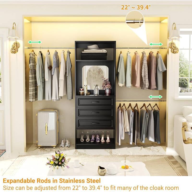 New Style 48"-96” Wide Closet System with Mirror, Sturdy Walk-in Closet Organizer with Drawers and 3 Extendable Hanging Rods