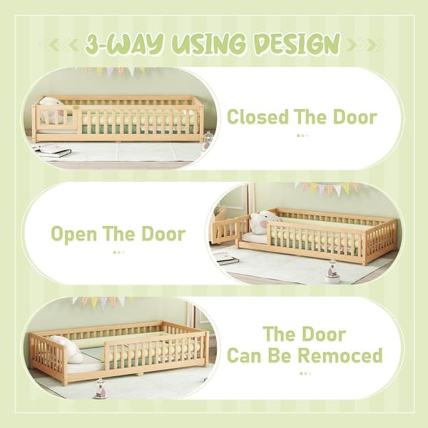 slide 2 of 14, Twin Floor Bed with Guardrails & Door for Kids - Safe & Fun