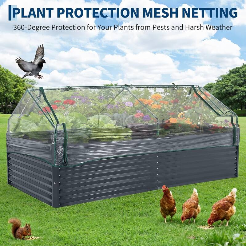 8 x 4 x 2 FT Galvanized Steel Raised Garden Bed Kit with Zipper-Door Greenhouse Cover Gray