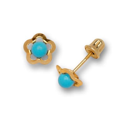 Curata 14K Yellow Gold Turquoise or Coral Flower Children's Screw-back Earrings