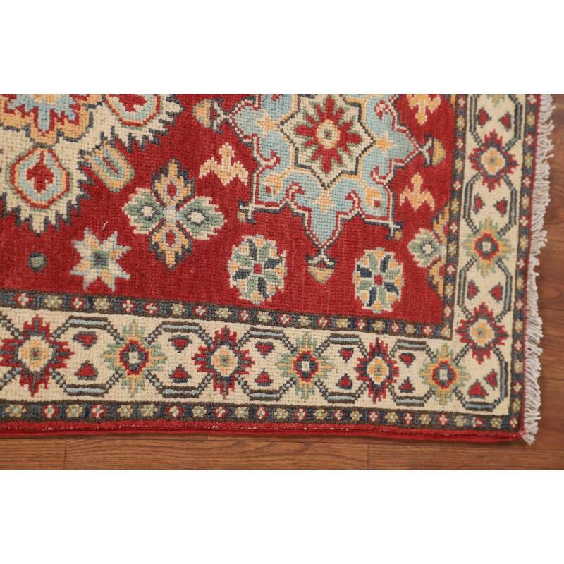Geometric Red Kazak Runner Rug Hand-Knotted Wool Carpet - 2'1" x 6'0"