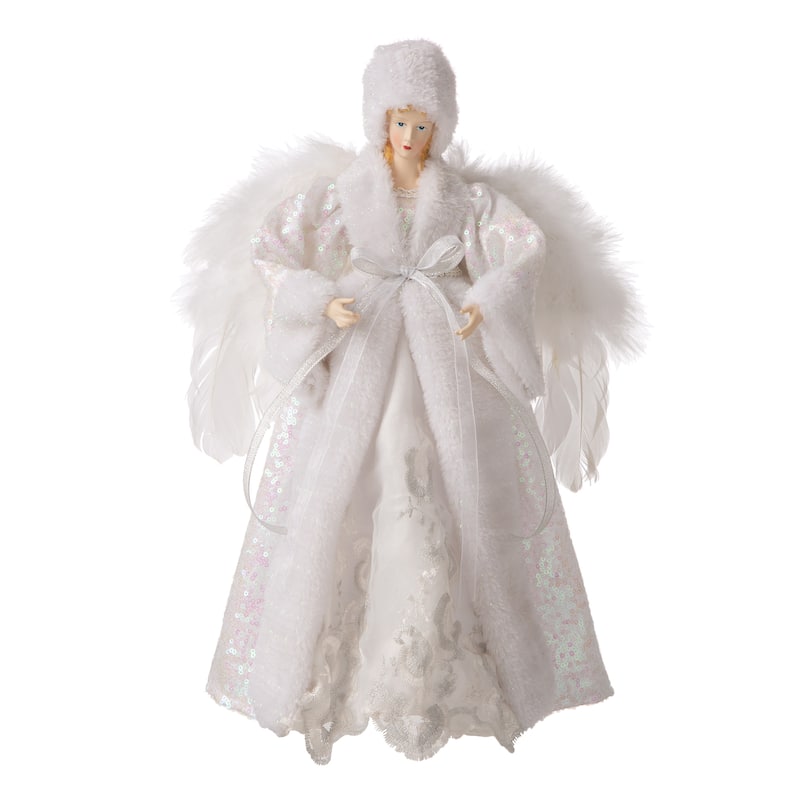 Glitzhome 15"H White Faux Fur Christmas Angel Tree Topper - White-15"H