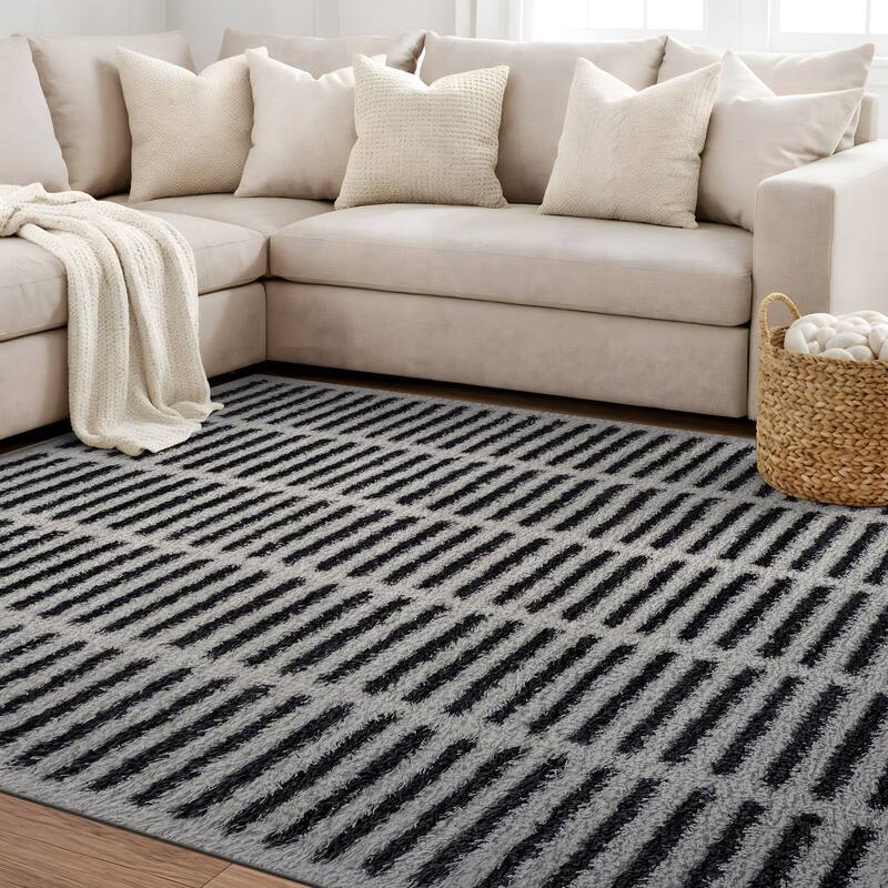 Bohemian Stripe Lines Shag Rug - Textured Surface - Anthracite Dark Gray - Easy to Clean